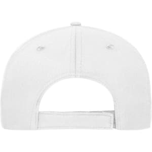 A white 5-panel sandwich cap made of organic cotton, featuring a rear adjustable strap and a logo.