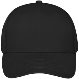 A black 6 panel mesh cap with a solid front and mesh sides, featuring a logo on the front.
