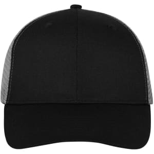 A black six-panel mesh cap featuring a solid front and mesh sides, complete with a logo.