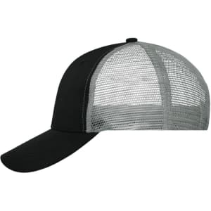 A black and grey six-panel mesh cap featuring a curved brim and a rear mesh design. Includes a logo on the front.