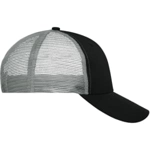 A black and grey 6 panel mesh cap with a curved brim and a logo on the side.