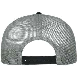 A grey 6-panel mesh cap with a black adjustable strap and a branding logo on the back.