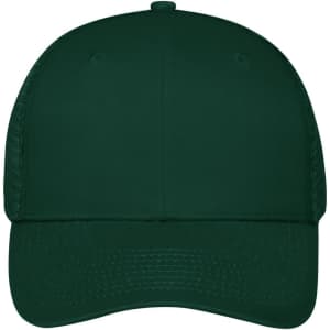 A dark green 6-panel mesh cap with a plain front and a logo on the side.