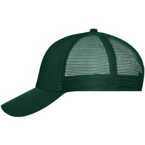 A dark green 6 panel mesh cap featuring a curved brim and a breathable mesh back, with a logo on it.