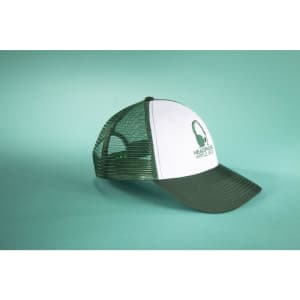 A green and white 6 panel mesh cap features a logo on the front and a mesh back for ventilation.