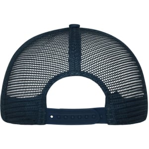 A navy 6 panel mesh cap featuring a mesh back and an adjustable strap. It includes a logo on the design.