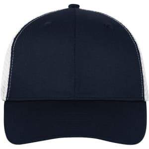 A navy blue six-panel mesh cap with a solid front and mesh sides, featuring a branded logo.