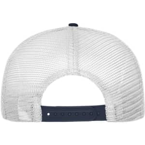 A 6-panel mesh cap featuring a navy brim and a breathable white mesh backing, with an adjustable strap.
