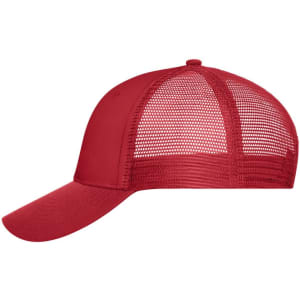 A red 6-panel mesh cap featuring a solid front and mesh back, with a curved brim and a logo.