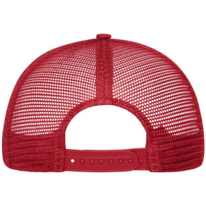 A red 6 panel mesh cap with a adjustable strap at the back and a mesh design for breathability.