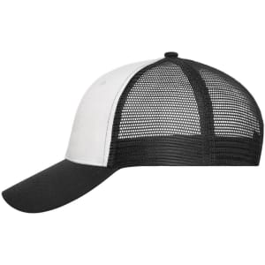 A black and white 6 panel mesh cap featuring a solid front and a mesh back, with a curved brim and branding.