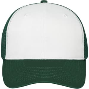 A six-panel mesh cap featuring a white front and green brim, complete with a logo on the front.
