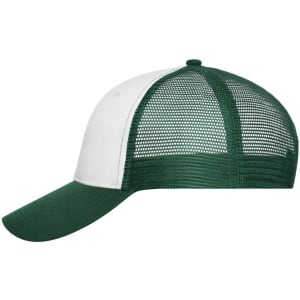 A green and white 6 panel mesh cap, featuring a breathable mesh back and a curved brim. It has a logo on the front.