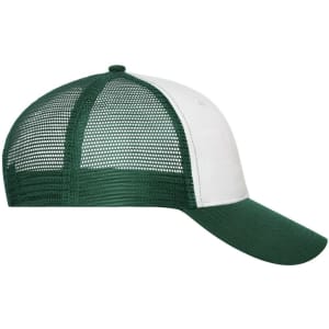 A green and white 6 panel mesh cap featuring a curved brim and a mesh back, with a logo on it.