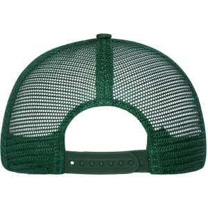 A green 6 panel mesh cap featuring a plastic snapback closure and a mesh rear for ventilation.