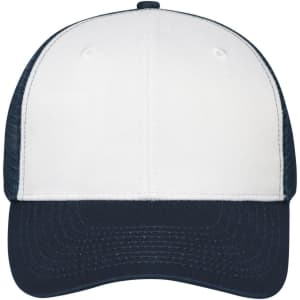 A 6 panel mesh cap in white and navy blue with a logo on the front.
