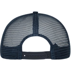 A dark navy blue 6-panel mesh cap with a adjustable strap at the back and a logo on the side.