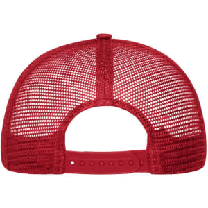 A red 6 panel mesh cap featuring a flexible snapback closure and a breathable mesh design.
