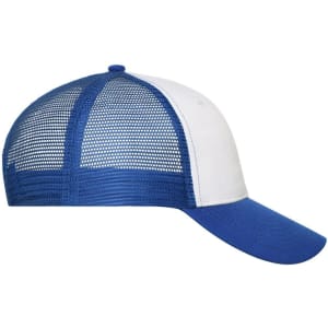 A blue and white 6-panel mesh cap featuring a curved brim and a mesh back panel. It has a branding logo.