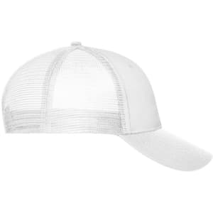A white 6-panel mesh cap featuring a solid front and mesh back, with a curved brim and a logo.