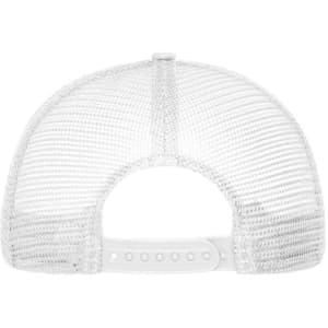 A white 6-panel mesh cap featuring a snapback closure and mesh back. It includes a logo on the side.