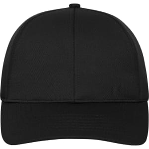 A black 6 panel sports cap featuring a curved peak and a logo on the front.