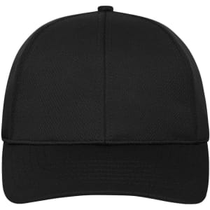 A black 6 panel sports cap with a structured front and a curved brim, featuring a logo on the front.
