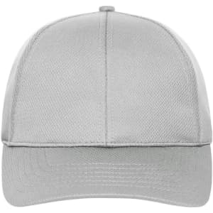 A grey 6 panel sports cap featuring a structured design and a logo on the front.