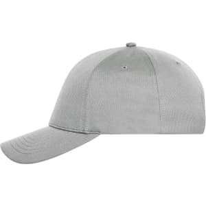 A grey 6 panel sports cap with a curved brim and a logo on the front.