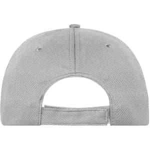 A grey 6 panel sports cap with a mesh back and an adjustable strap, featuring a logo on the side.