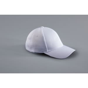 A white six-panel sports cap with a curved brim and a branding logo on one side.
