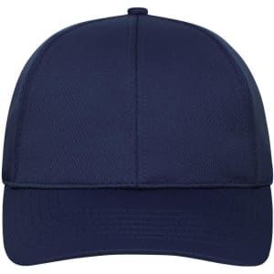 A navy blue 6 panel sports cap with a structured design and a curved brim. It features a logo on the front.