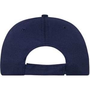 A navy blue 6 panel sports cap featuring a vented back and an adjustable strap. It has a logo on the back.