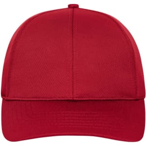 A red 6-panel sports cap with a structured front panel and a logo on the side.