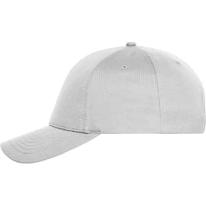 A grey six-panel sports cap with a curved peak and a logo on the front.