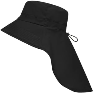 A black hat with a wide brim and an extended neck guard, featuring adjustable tie.