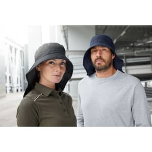 A black and navy cap with a wide neck guard, worn by a man and woman in casual clothing.