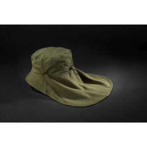An olive green hat with a wide brim and a neck guard, featuring an adjustable drawstring and a logo.