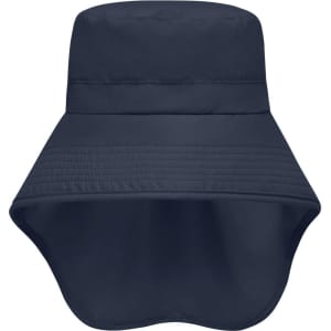 A navy hat with a wide brim and an attached neck guard, featuring a logo on the front.