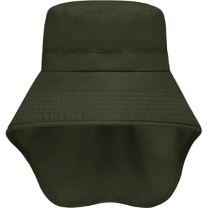 A green hat with a wide brim and attached neck guard, designed for sun protection. It features a simple design.