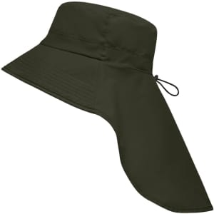 A dark green hat with a wide brim and a neck guard, featuring an adjustable drawstring and a logo.