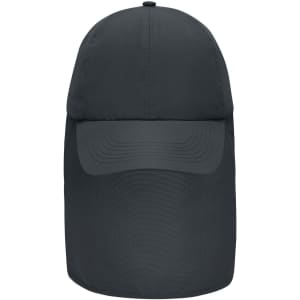 A dark grey 6 panel cap with a neck guard, featuring a curved brim and a logo on the side.