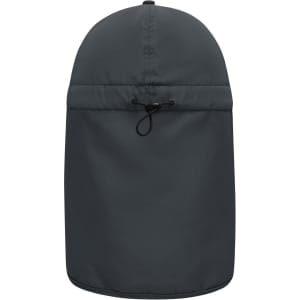 A grey six-panel cap with a neck guard and adjustable toggle at the back, featuring a logo.