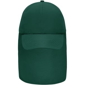 A green 6 panel cap with a neck guard, featuring a curved brim and a logo on the front.