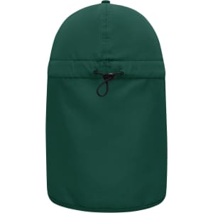 A green 6 panel cap with a neck guard, featuring an adjustable toggle at the back.