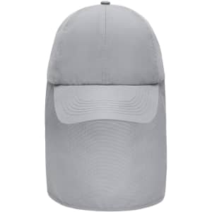 A grey six-panel cap with a neck guard, featuring a structured brim and a logo on the front.