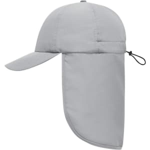 A grey 6 panel cap with a neck guard, featuring a logo.