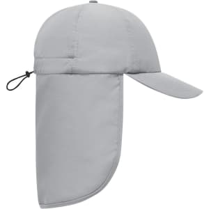 A grey 6-panel cap with a neck guard and an adjustable toggle at the back, featuring a logo.