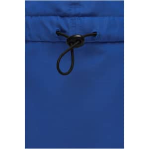 A close-up of the drawstring detail on a vibrant blue garment. The fabric appears smooth and lightweight.