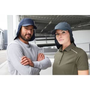 A navy blue six-panel cap with a neck guard, worn by a man and a woman in casual attire.